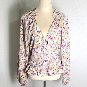 Entro Floral Wrap Blouse with Ruched Waistband, Cream,Pink, Purple, Size Large